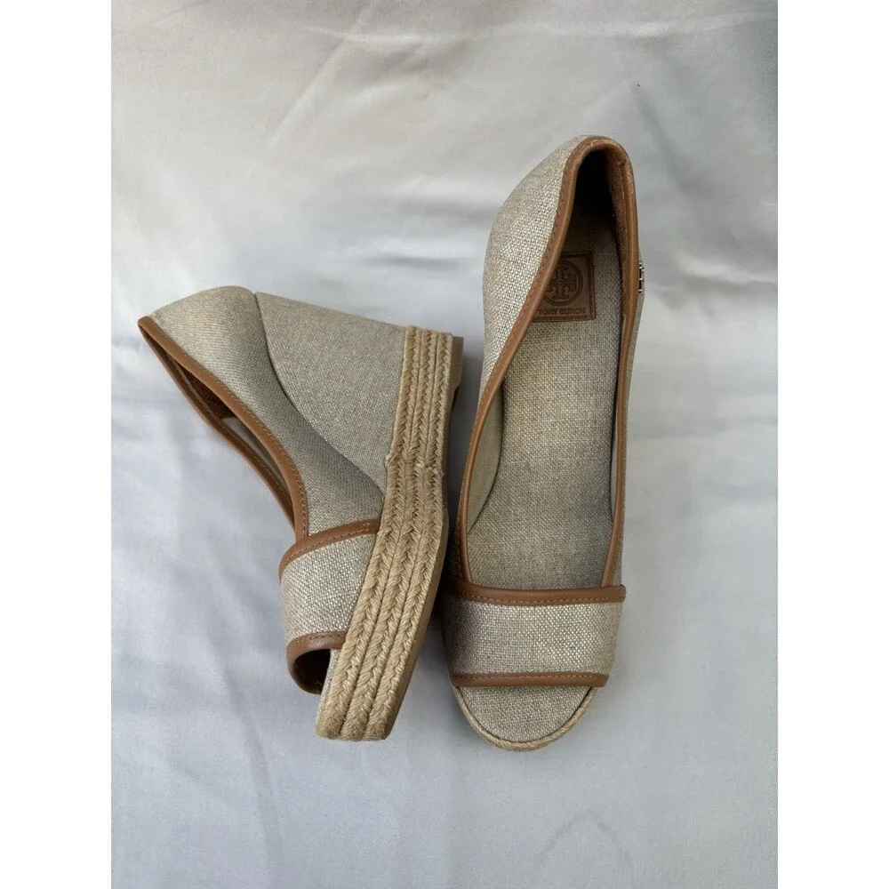 Tory Burch Majorca Canvas Espadrille Wedge Peep Toe Shoes Size 39 - 8-8.5M